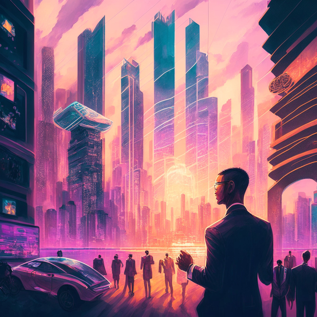 Intricate cityscape of Hong Kong, futuristic and elegant architecture, pastel sunset sky, bustling commerce, Joseph Tsai with a confident smile, soft glow of holographic crypto symbols, ethereal Web3 and metaverse elements, hint of Brooklyn Nets players discussing crypto, harmonious blend of traditional and modern, atmosphere of anticipation and transformation.