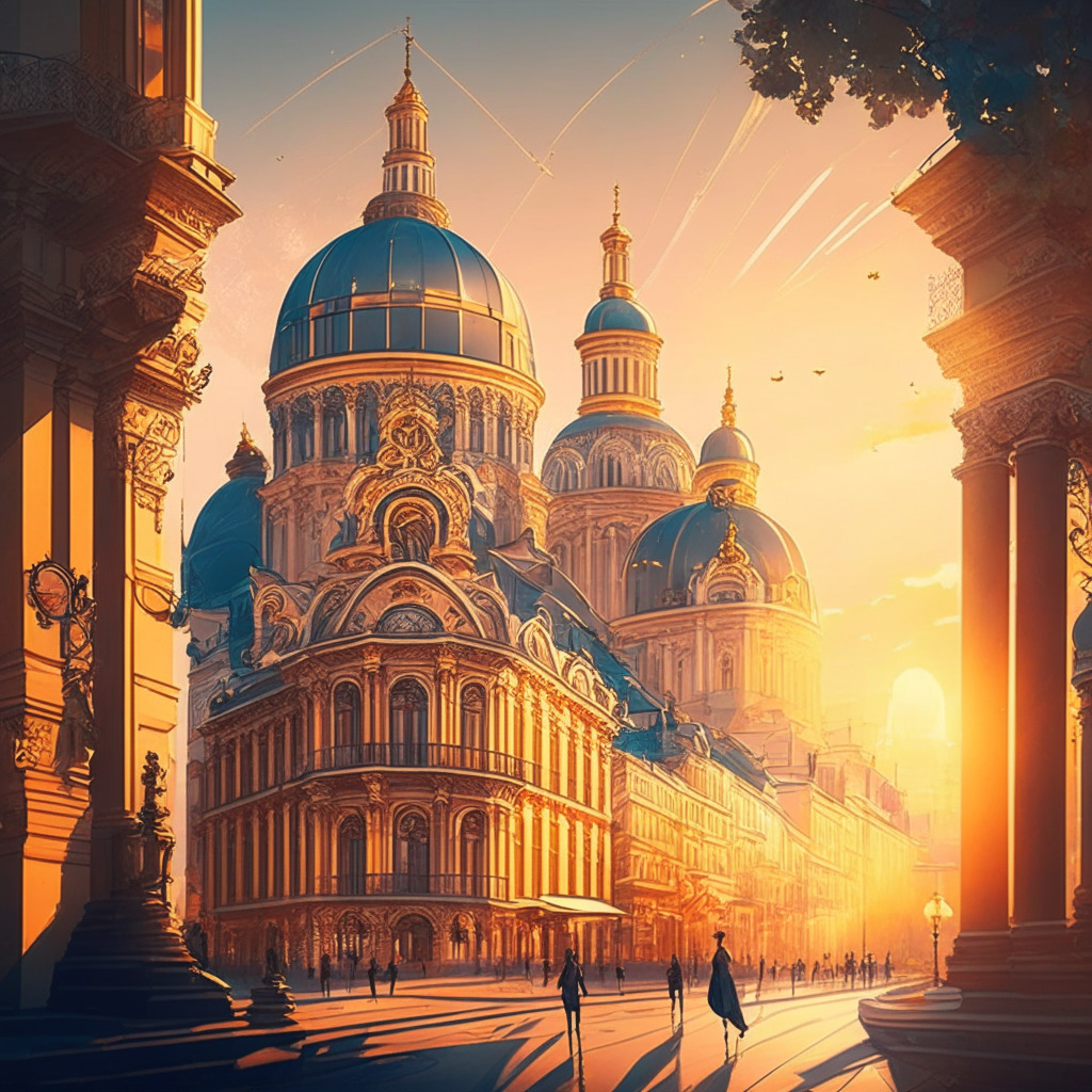 Intricate European cityscape with Ukrainian elements, Art Nouveau style, golden hour lighting, harmonious blend of traditional architecture and modern digital finance, sense of stability and growth, transparent crypto market with confident participants, serene mood.