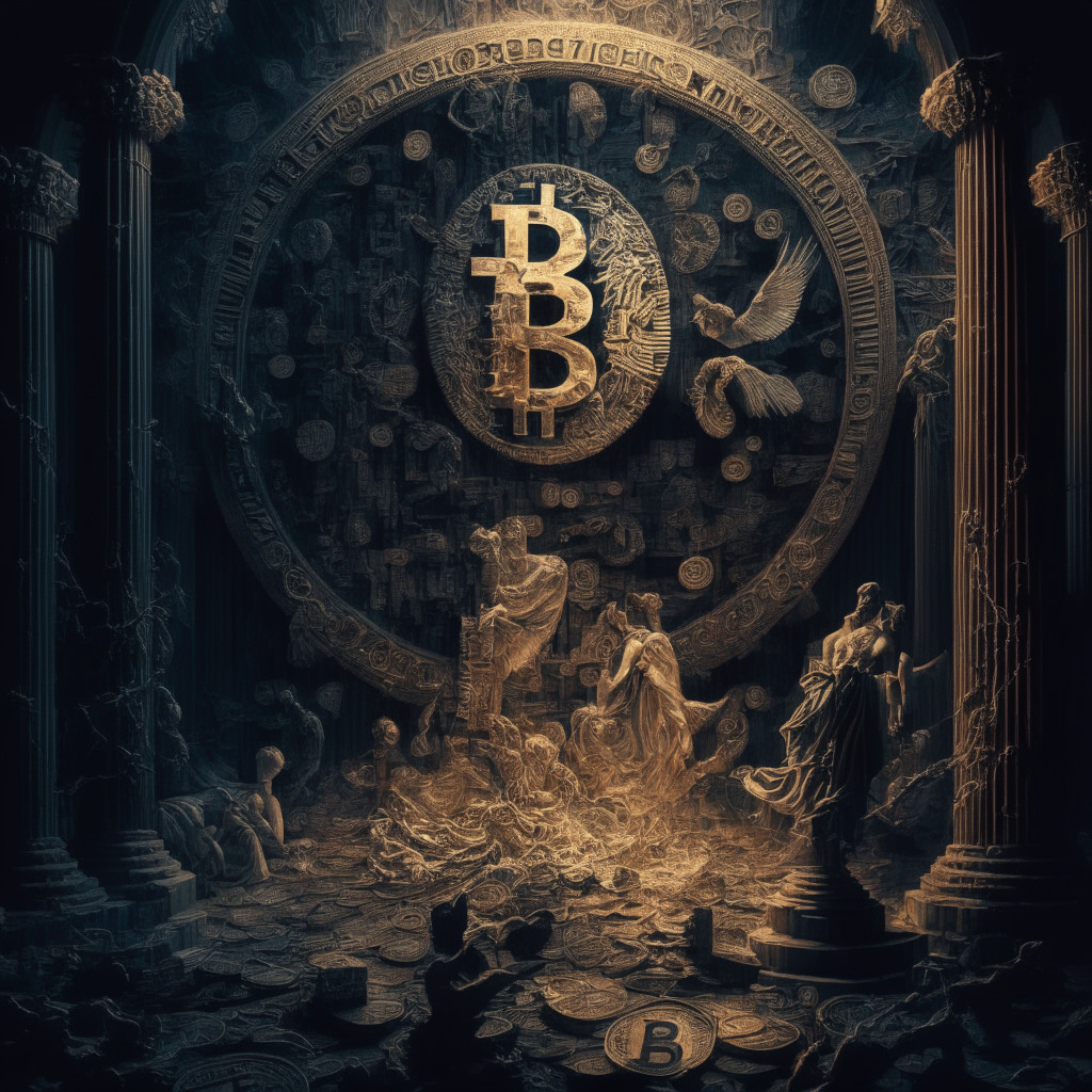 Intricate blockchain scene, chiaroscuro lighting, contrast of stability & chaos, figurative elements representing cryptocurrencies: Bitcoin steadiness amidst turbulent altcoins, looming regulatory shadows, vigilant central banks, tense mood, Baroque style. No brand or logos, ≈350 characters.