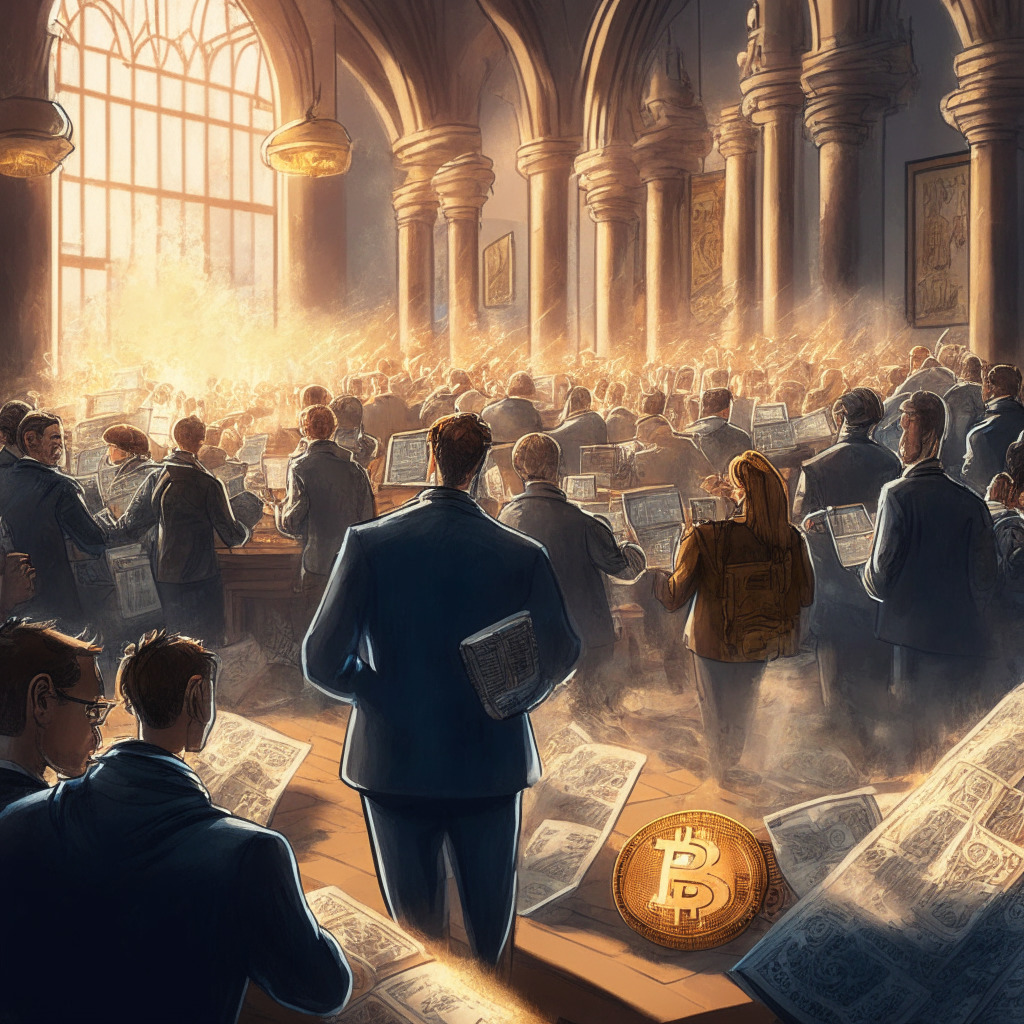 Cryptocurrency market scene, altcoins gaining momentum, warm-toned light, elegant exchange tokens, a stabilizing mood, Binance and Coinbase lawsuit background, investors searching for opportunities, U.S. regulatory decisions, tokens with regained momentum, dynamic brushstrokes, upcoming market volatility, and glimpses of partnership between University of Toronto and Ripple.