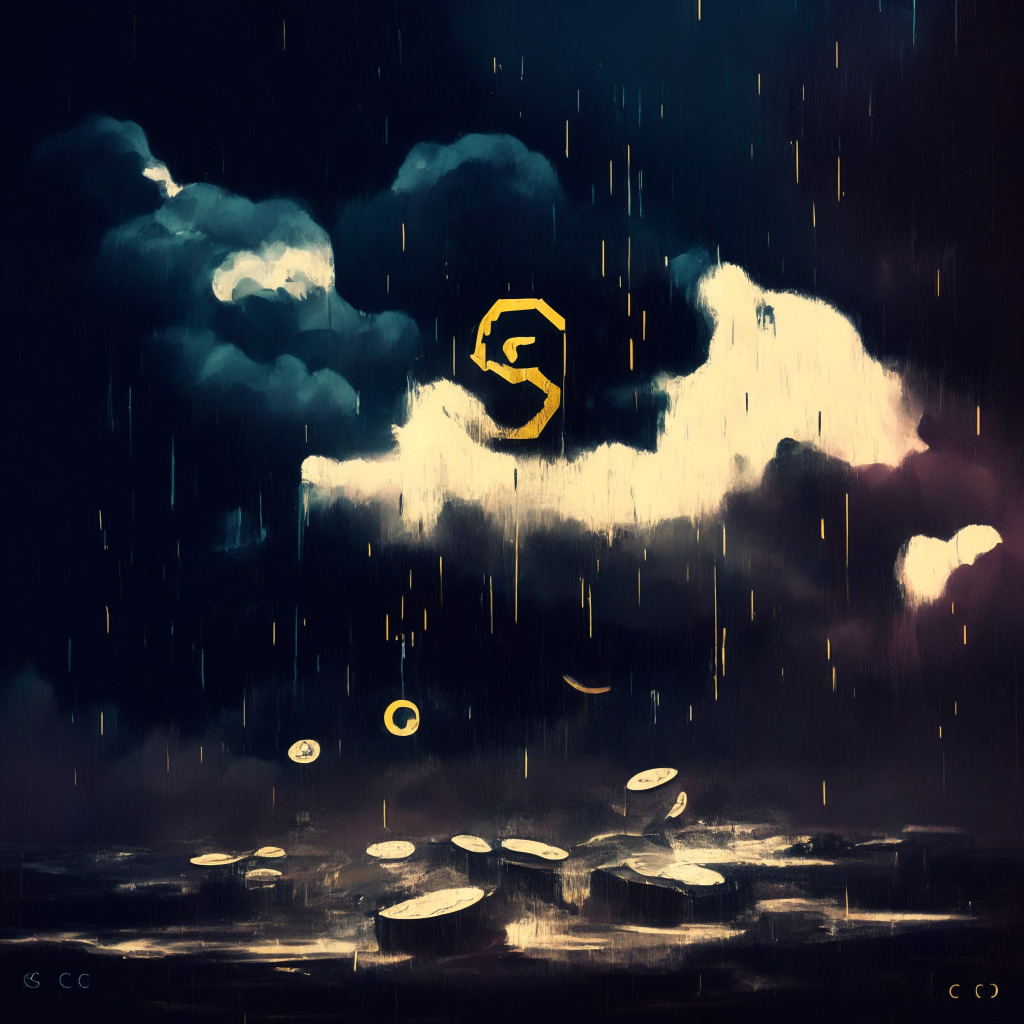 Gloomy crypto market, sinking coins, stormy clouds, SEC lawsuit looming, Cardano, Solana, and Polygon logos fading, contrasting dark and light shadows, uncertainty and concern radiating, dynamic brushstrokes, somber color palette, subdued lighting, abstracted cryptocurrency symbols.