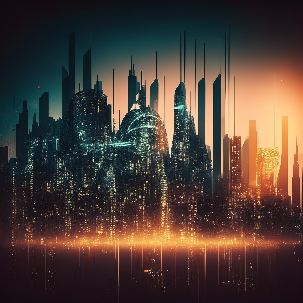 Intricate cityscape with futuristic architecture influenced by crypto, glowing London skyline at dusk, soft focused open interest line chart, artistic blend of bearish and bullish elements, warm yet moody ambience to convey market volatility, a delicate balance of optimism and caution reflected in the scene, bold and unconventional artistic style.