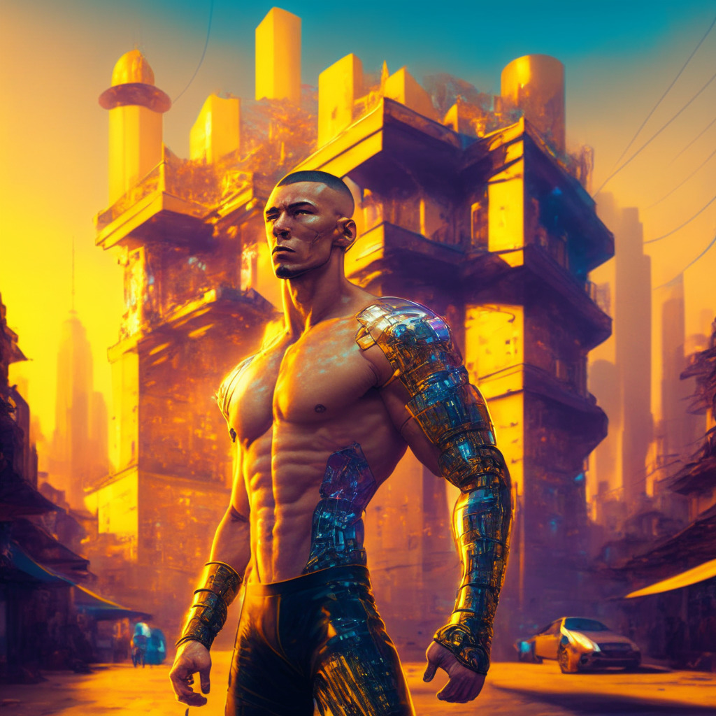 Andrew Tate in futuristic city, emulating Renaissance painting, wearing a modern kickboxer attire, surrounded by AI robots, vibrant color palette, golden hour lighting, dynamic composition, baroque-style blending, cryptocurrencies hovering, hint of Romanian architecture, under house arrest, visionary effect, mood: intense & controversial.