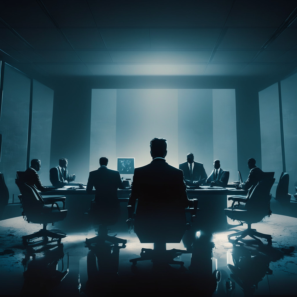 Blockchain gaming company under scrutiny, delayed financial report, turbulent market background, prominent figure in moody boardroom, chiaroscuro lighting, dramatic shadows, concerned stakeholders, delicate balance of opacity and transparency, sense of urgency and accountability.