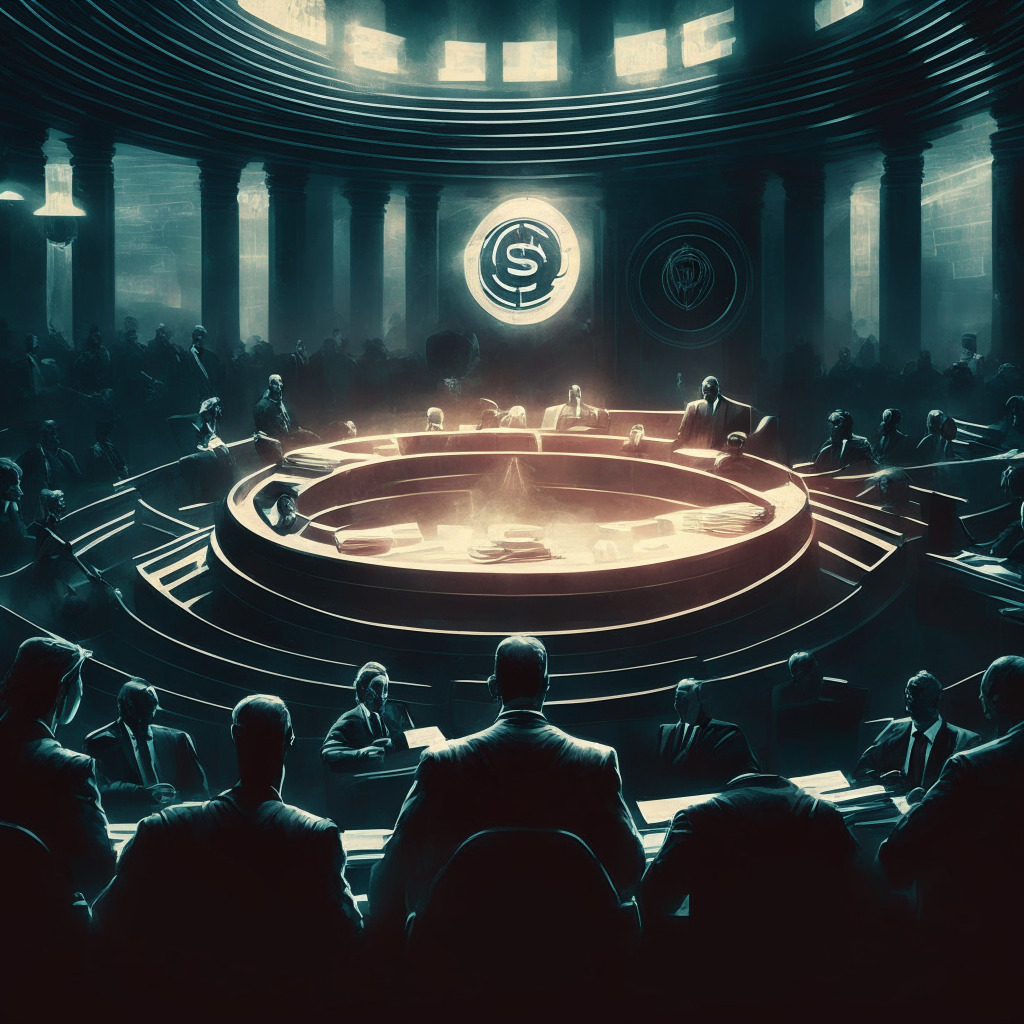 Intricate courtroom scene, judge in center, Ripple and SEC legal teams on opposing sides, digital currency symbols in background, faint glow of hope and optimism, tense atmosphere, dark and light mixing, hints of emerging technological advancements, reflective of market uncertainty and anticipation.