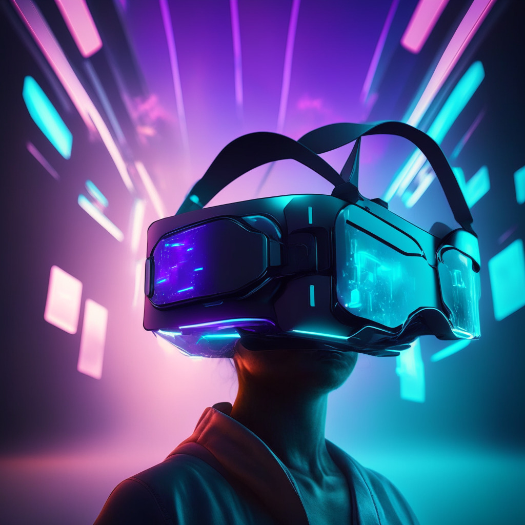 Futuristic VR headset reveal, metaverse-inspired job market, glowing connections between freelancers & employers, low-light setting with vivid hues, blockchain elements, relaxed yet motivated atmosphere, creative blend of technology & work, subtle hints of progress and disruption.