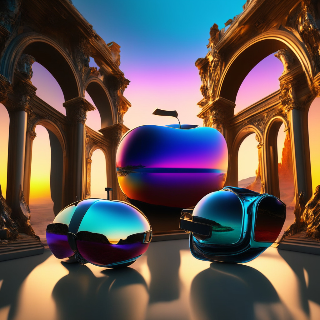 Futuristic mixed reality scene, Apple Vision Pro vs Meta Quest 3, sleek metal-and-glass design, vibrant colors, AR/VR worlds blending, sunrise lighting, baroque art style, dynamic composition, contrasting affordability, harmony between power and immersion, air of anticipation, 350 characters max.