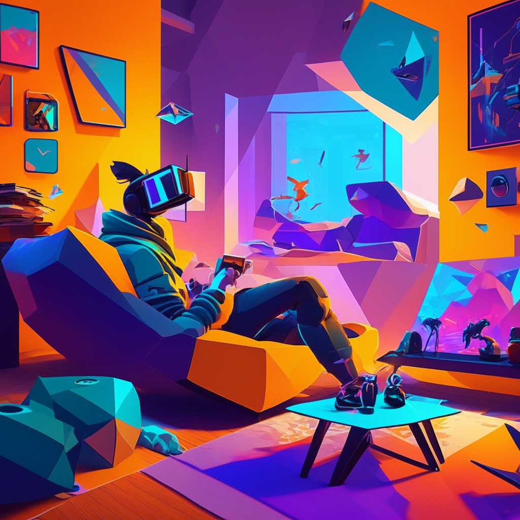 Futuristic AR headset scene, warm ambient lighting, cubist style, introspective mood: Gamer wears sleek device in cozy living room, immersed in vivid colors and geometric shapes, array of casual games hover, hints of Disney characters and metaverse allure in the background, subtle blend of real and virtual worlds, anticipation for untapped potential.