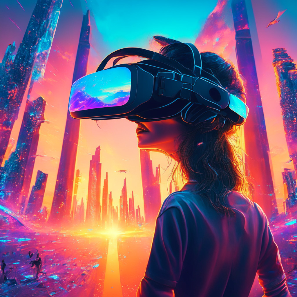 Futuristic mixed reality headset, immersive AR-VR blend, groundbreaking technology, metaverse exploration, glowing holographic interface, early adopters in awe, high price tag, sunset-lit cityscape, interconnected digital world, sense of curiosity and excitement, debate among crypto enthusiasts, bold visionary atmosphere, painterly style.
