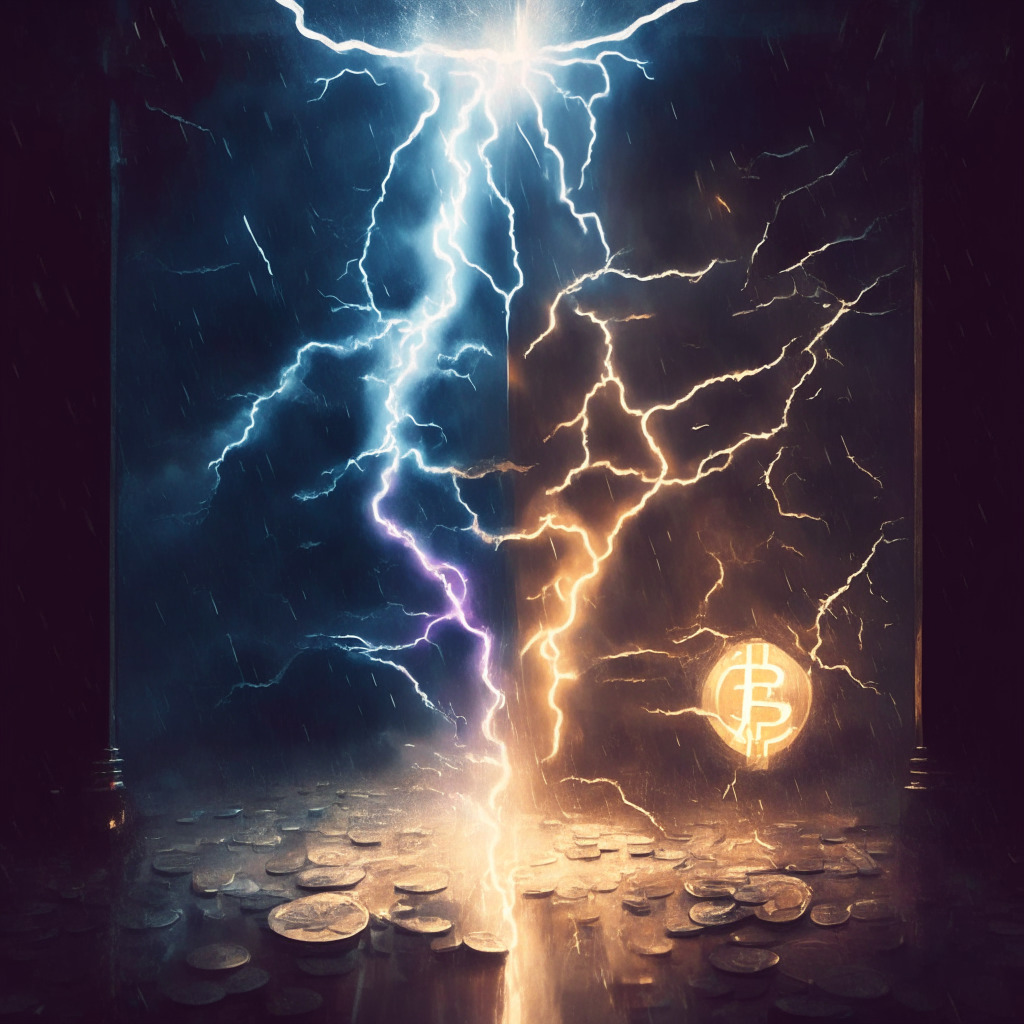 Cryptocurrency clash, non-custodial wallet rejection, Lightning network, Zeus wallet, innovation vs regulation, tense atmosphere, balanced scale, struggling parties, dimly lit setting, artistic chiaroscuro, hopeful glimmer of light, blended cool & warm colors, searching for a middle ground.