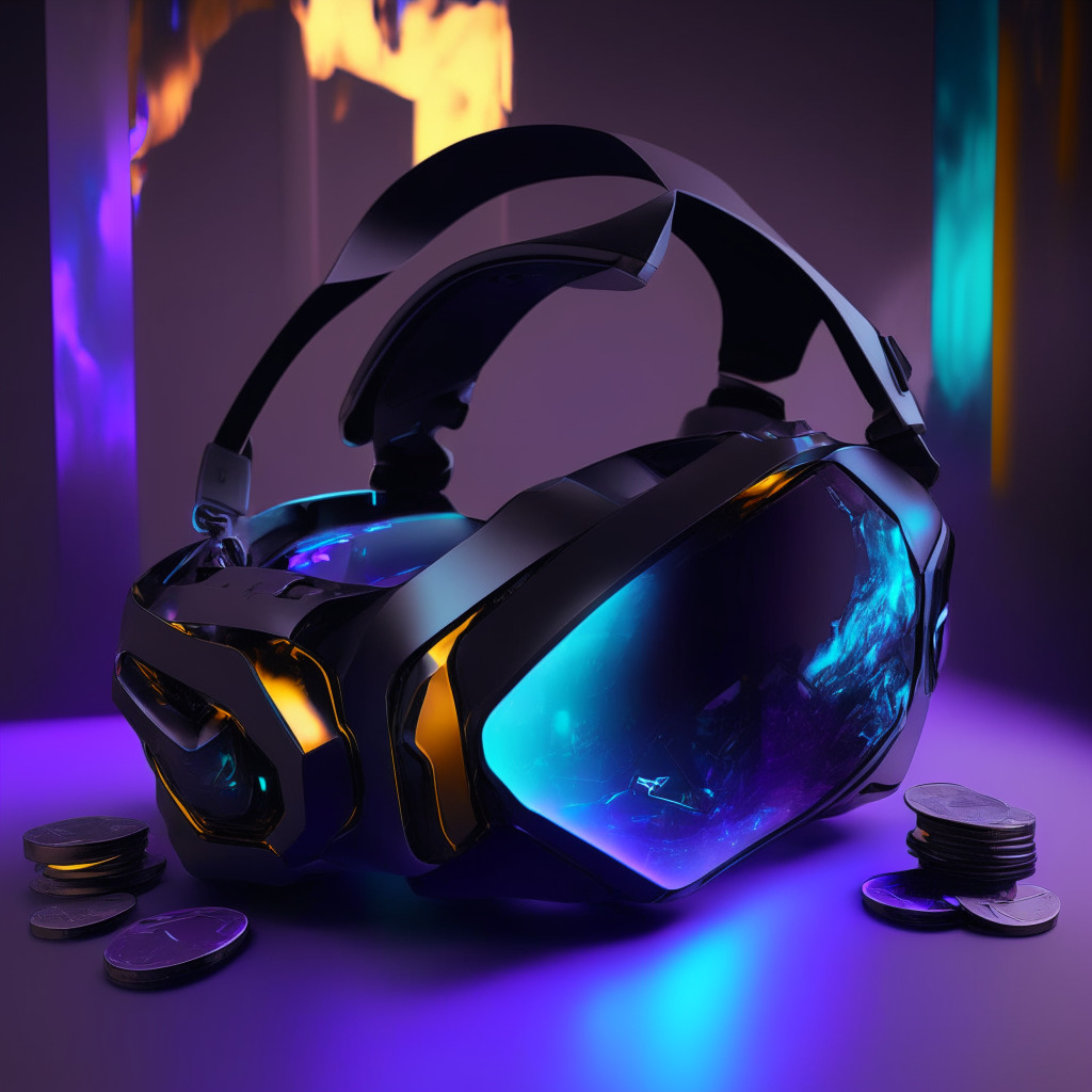 Futuristic VR headset, sleek design, early 2024 release, vibrant metaverse scene, gamified crypto coins integrated, ambient lighting, moody atmosphere, avant-garde artistic style, contrasting elements of opulence and affordability, subtle hints at controversy, innovative gaming technologies emerging, convergence of crypto and gaming worlds.