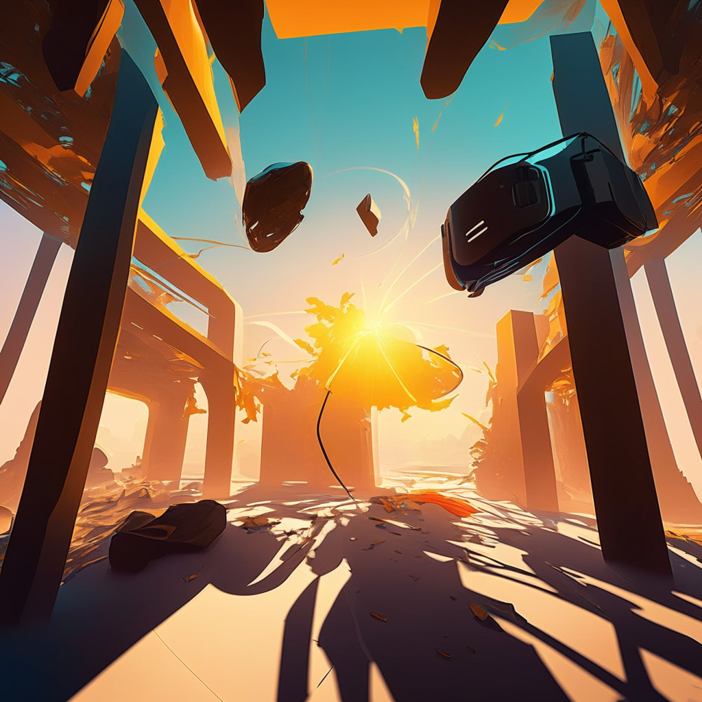 Sunlit metaverse scene, sleek VR headset, contrasting excitement and apprehension, energetic yet apprehensive atmosphere, digital assets floating around, interconnected virtual landscape, looming shadows of tech influence, balance between user control and corporate guidelines.