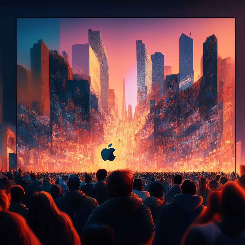 Intricate cityscape at twilight, Apple keynote on a giant screen, excited crowd mingling, holographic mixed reality visuals, glowing modern devices, impressionist painting style, warm colors, dramatic lighting, air of anticipation, blend of reality and speculation in the composition.