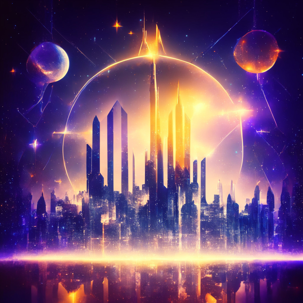 Futuristic city skyline with Ethereum logo, Arbitrum Orbit connecting layers, rocket in meteoric ascent, glowing investment trend, celestial hues, vibrant energy, dynamic composition, soft-focus lighting, confident atmosphere, hint of scalability, flourishing ecosystem.