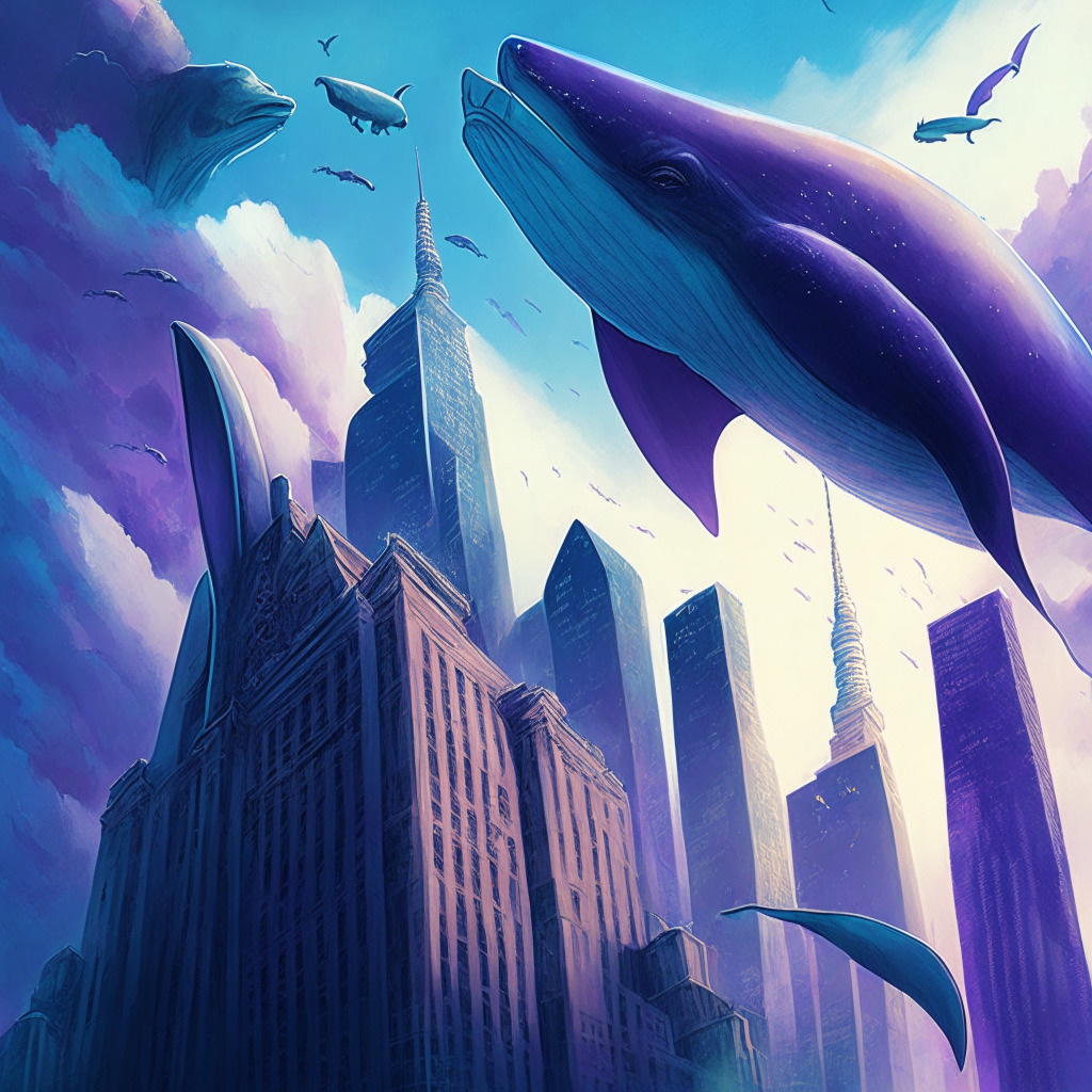 An intricately detailed cityscape with soaring skyscrapers, symbolizing Arbitrum's price surge, sunlight peeking through clouds, showcasing optimism, cool tones of blues & purples hinting uncertainty, a Senate building in the background, financial charts displayed on buildings, a giant whale looming over the horizon hinting at potential headwinds.