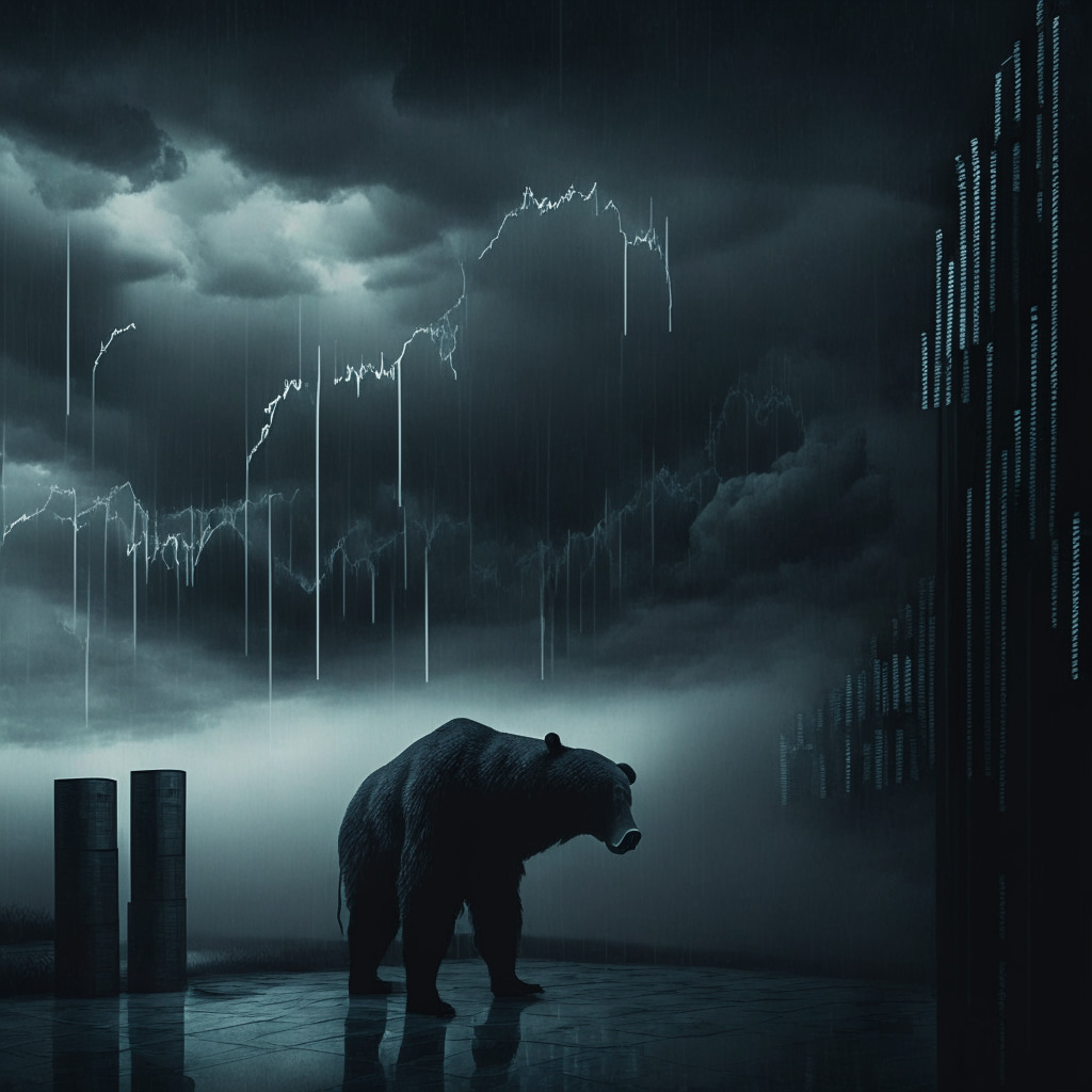 Cryptocurrency bear market struggle, LA hedge fund layoffs, somber office mood, fading growth chart, uncertain regulatory landscape, dark clouds overhead, dimly lit business scene, chiaroscuro effect, air of adaptation and perseverance, future uncertainty amidst innovation, resilience amidst challenges.