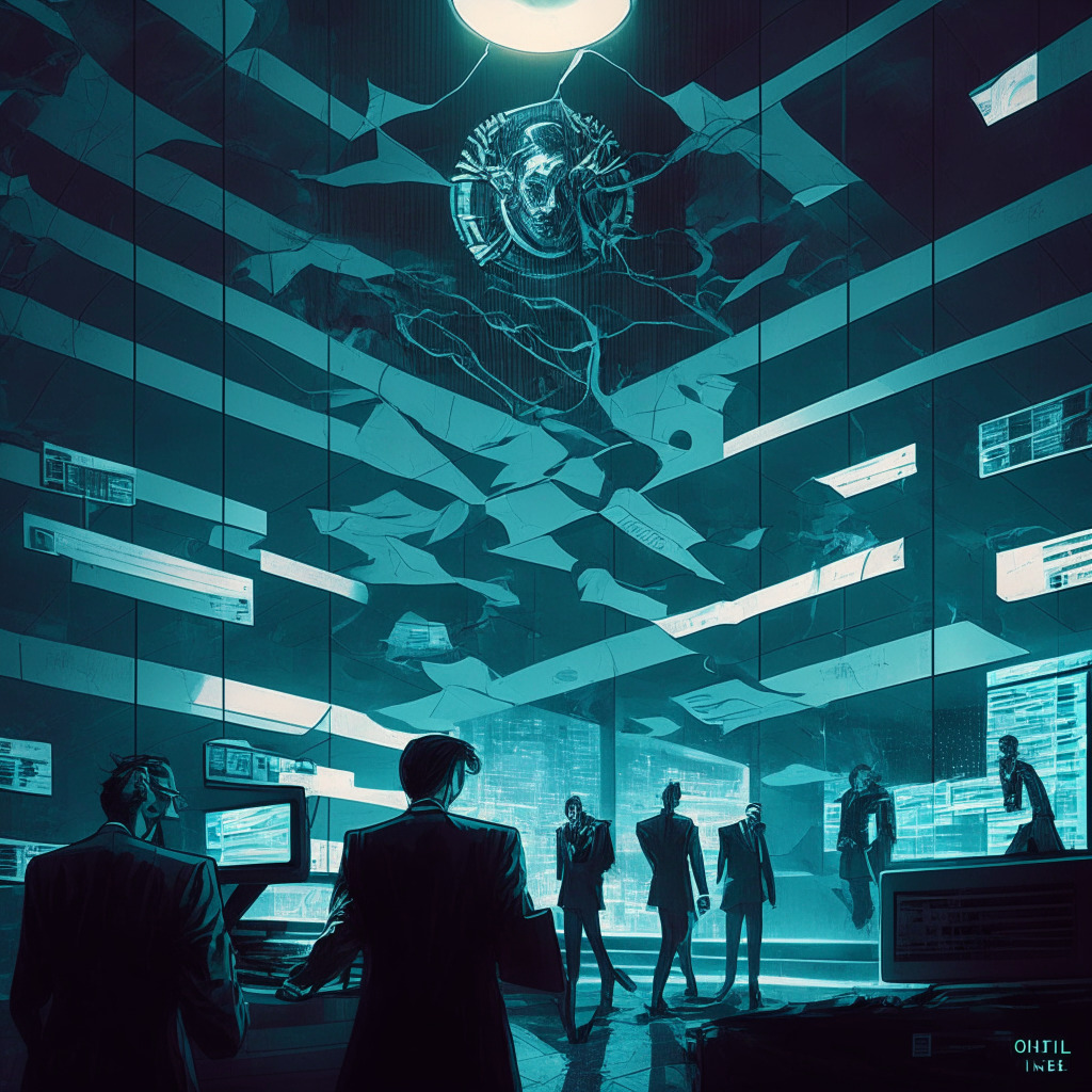 Surreal cyber-heist scene, CNV building, MedusaBlog hackers as modern mythological figures, mixing light and shadows, chaotic mood. Torn data files floating, exposed sensitive data, tense faces of authority figures, hackers exchanging data via TOX messaging app, cryptocurrencies and fiat money juxtaposed.