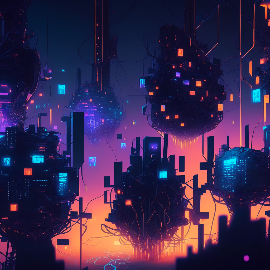 Abstract cyber world at twilight, blockchain networks interconnecting, glowing nodes symbolizing gaming communities, MMO-style characters cooperating, light contrasting shadows to convey scalability, Baroque-inspired art style for intricate details, hopeful atmosphere showcasing user-generated content & collaboration within decentralized gaming future.