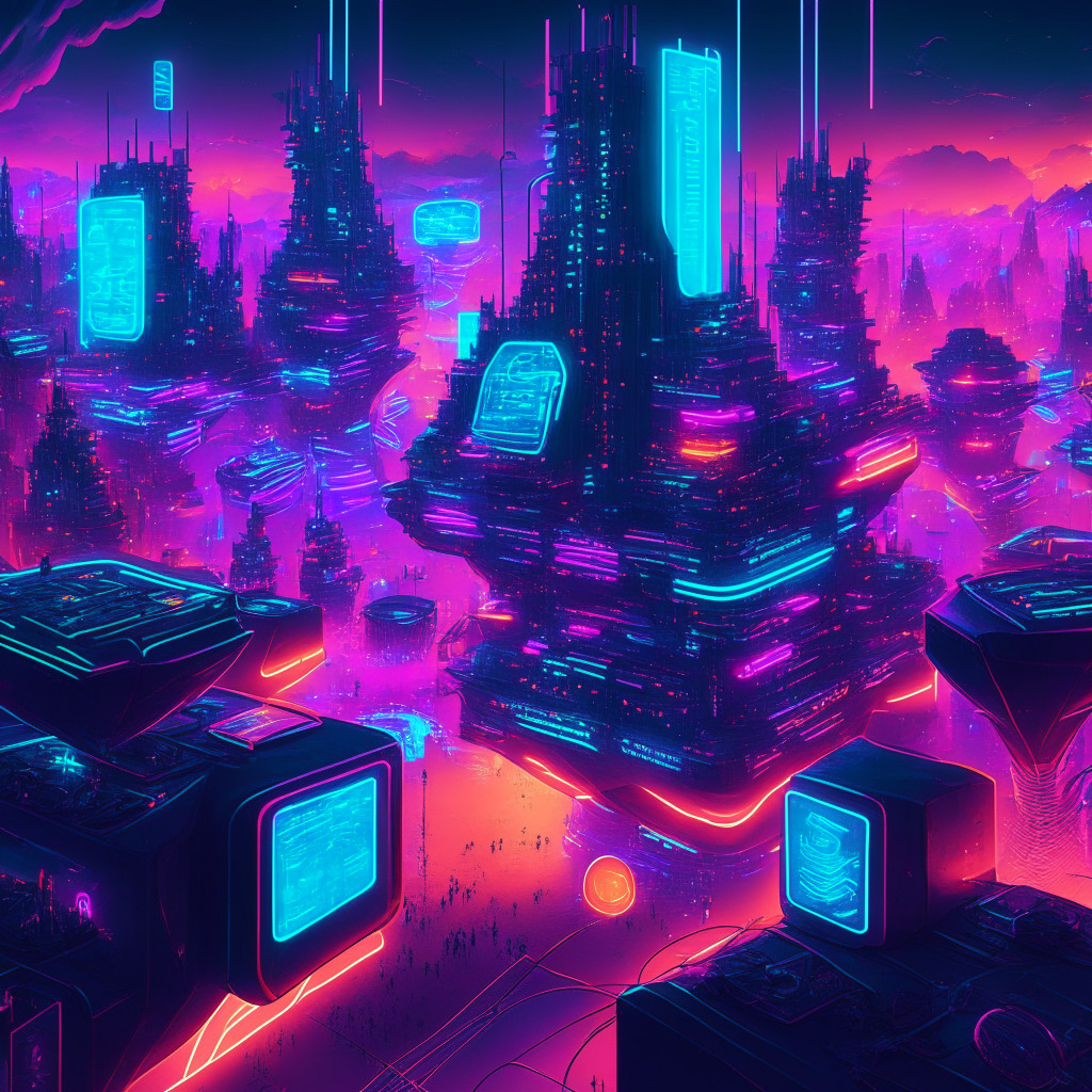 A futuristic blockchain-powered gaming city at dusk, neon lights, vibrant colors, cyberspace aesthetics, gamers designing worlds, holographic SDK interface, empowering creativity, adventurous mood, coins symbolizing investments, glowing interconnected nodes, Web3 gaming evolution, expanding horizons.