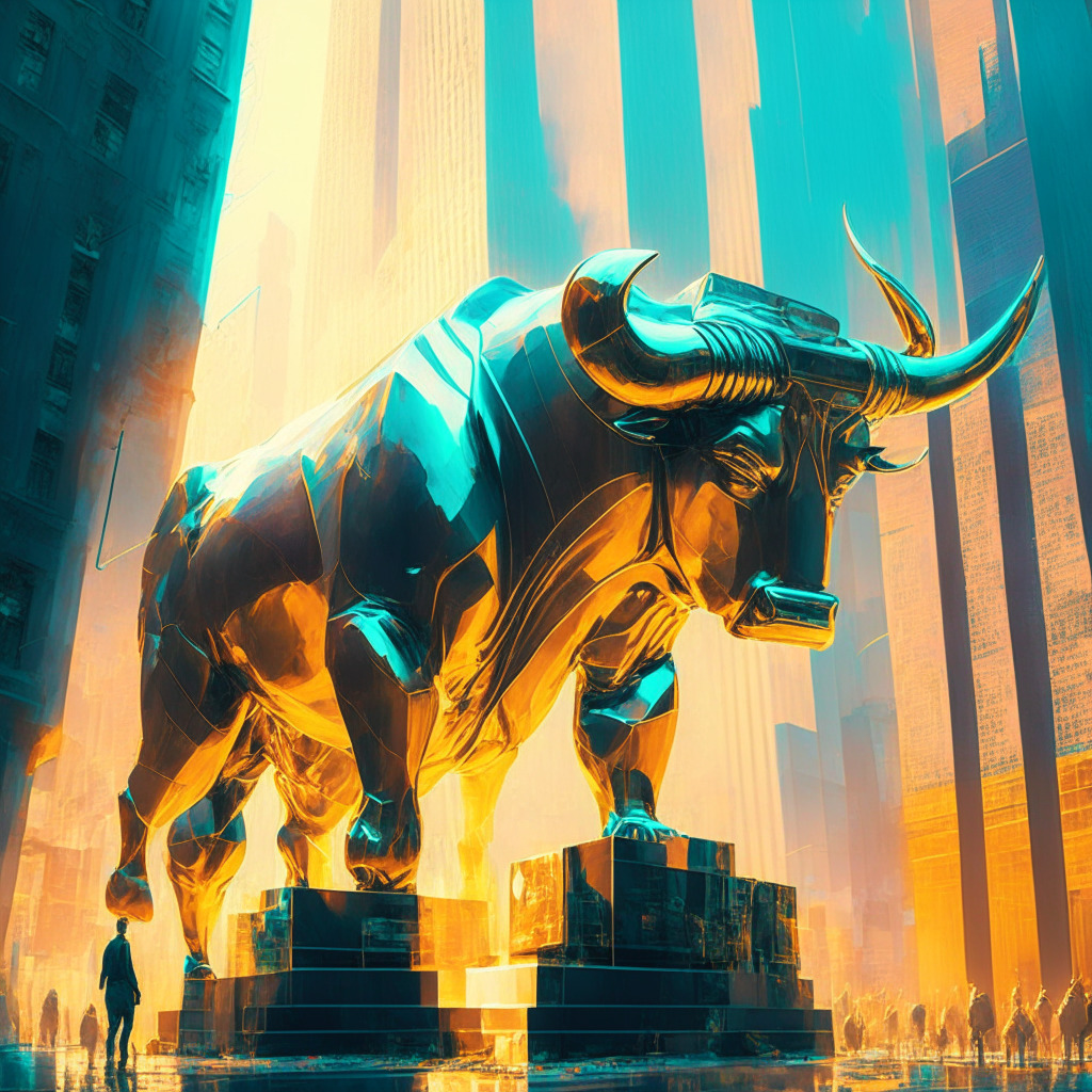 Futuristic financial cityscape, massive bull sculpture, bronze and steel colors, Monet-inspired brushstrokes, golden-hour light casting long shadows, determined investors with holographic tablets, bustling yet hopeful atmosphere, sleek forms, hints of cryptocurrency symbols.