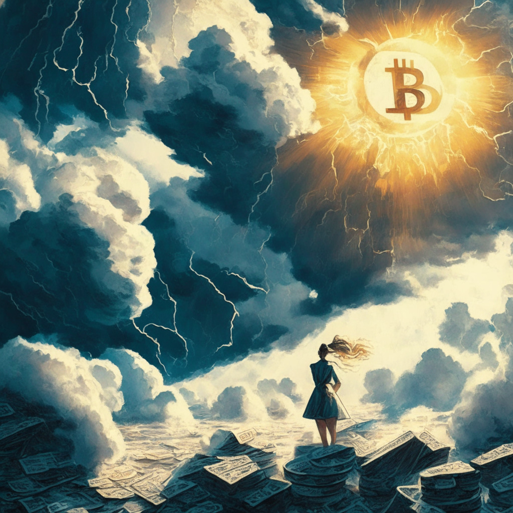 Intricate financial landscape, crypto exchange under siege, stormy sky, Cathie Wood confidently supporting Coinbase, legal documents swirling, warm sunlight breaking through clouds, chiaroscuro lighting, impressionistic style, mood of resilience, hint of uncertainty, investors cautiously watching.