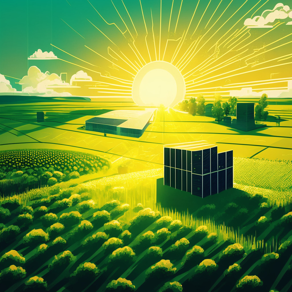 Sunlit Ohio data center amidst green landscape, powered by renewable energy, vibrant artistic style, servers with hints of golden light reflecting optimism, contrasting shadows representing industry challenges, overall mood highlighting hope & innovation, hint of abstract Bitcoin icon in the back.