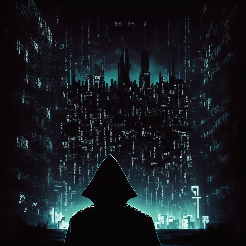 Dark digital cityscape, cyberpunk style, jittery glitch effects, moody atmosphere, ominous shadows, Atomic Wallet hack scene, $35M stolen, nefarious hacker silhouette, Lazarus emblem, Garantex exchange sign dimly lit, swirling cryptocurrency symbols (BTC, ETH, USDT, DOGE, LTC, BNB, MATIC), scattered digital traces, bright warning signs symbolizing regulatory challenges.