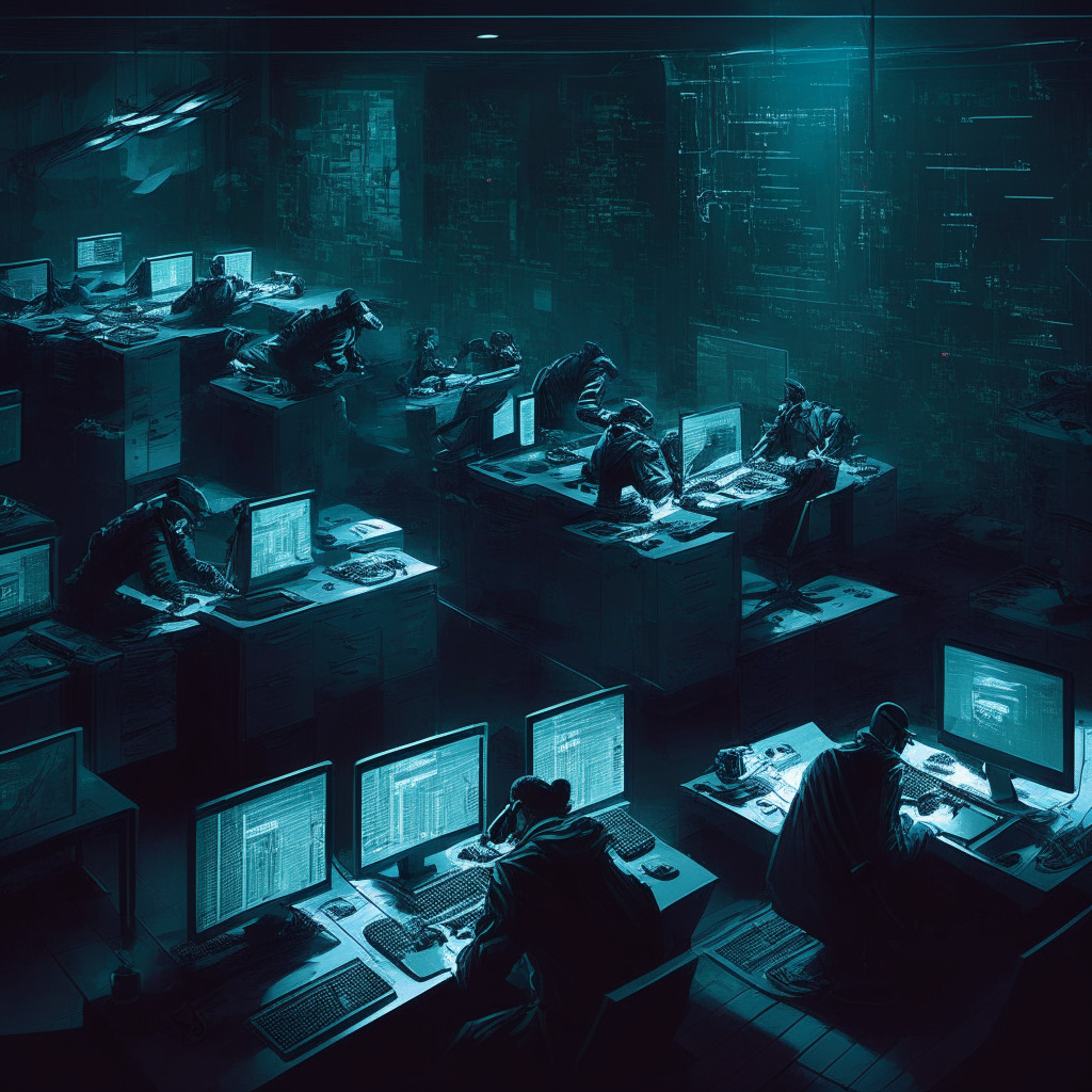 Intricate cyber heist scene, chiaroscuro lighting, artistic polygons, somber mood, hackers at workstations, digital currencies swirling, cybersecurity experts racing against time, obscured North Korean threat lurking, dynamic exchange process, steadfast determination evident, secure digital fortress emerging.