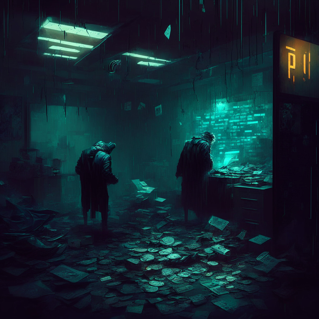 Gloomy cyber heist scene, shattered digital wallet, various crypto coins scattered, contrasting centralized and decentralized storage, dimly lit environment, compromised security, hint of vulnerability, strong chiaroscuro, Rembrandt-esque style, dominant cool colors, somber mood, emerging industry growing pains.