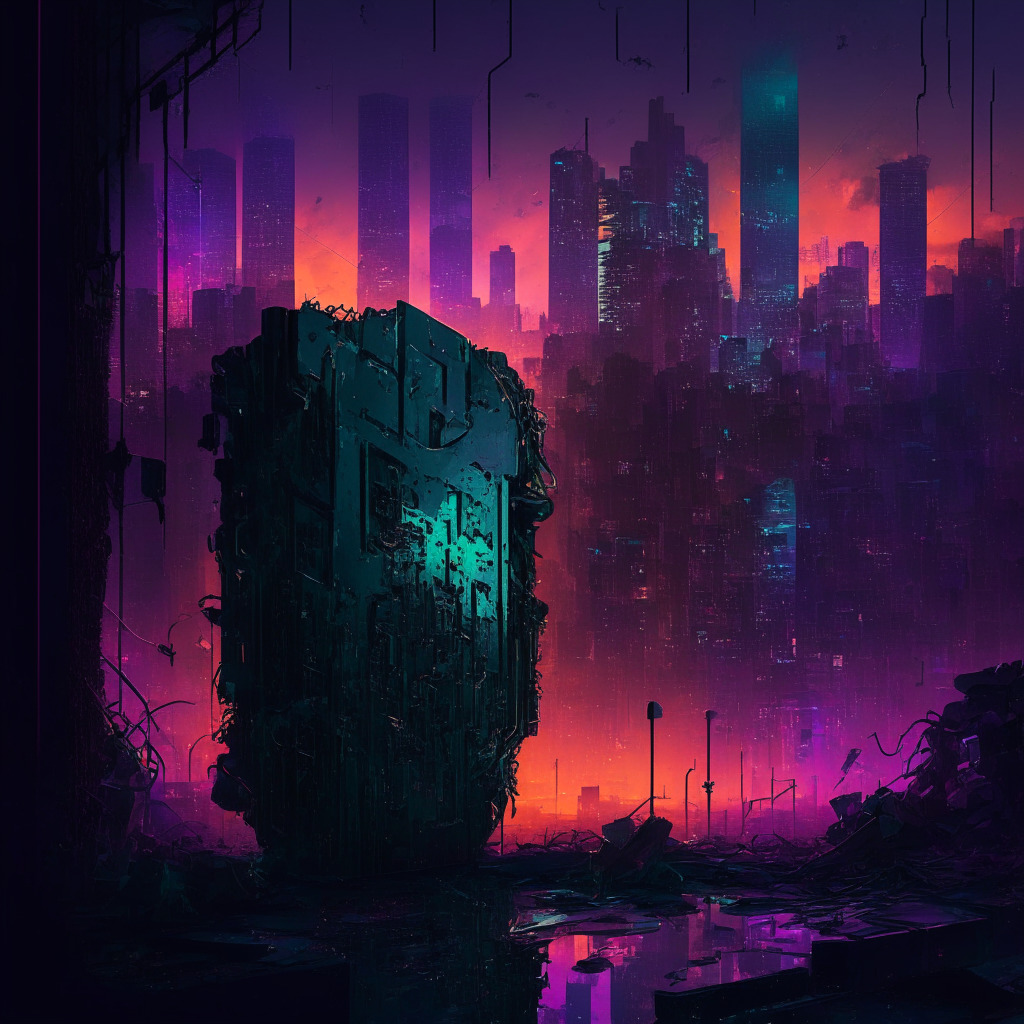 Intricate cyberpunk cityscape at dusk, shattered padlock symbolizing security breach, silhouettes of worried users, mix of vibrant and muted colors, chiaroscuro style lighting, tense atmosphere, subtle hints of blockchain elements, an ominous undertone representing the risks in decentralized wallets.