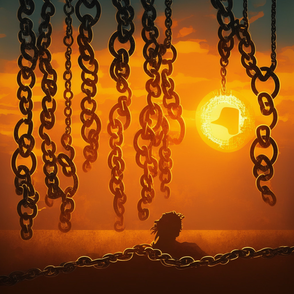 Sunset setting casting golden light on a digital wallet surrounded by broken chains, shadows of worried facial expressions, a detective figure analyzing the scene, wave-like patterns signifying the flow of digital assets, intense hues to evoke a sense of urgency, overall mood evoking concern and a quest for answers, a faint watermark of a network connecting people in the background.