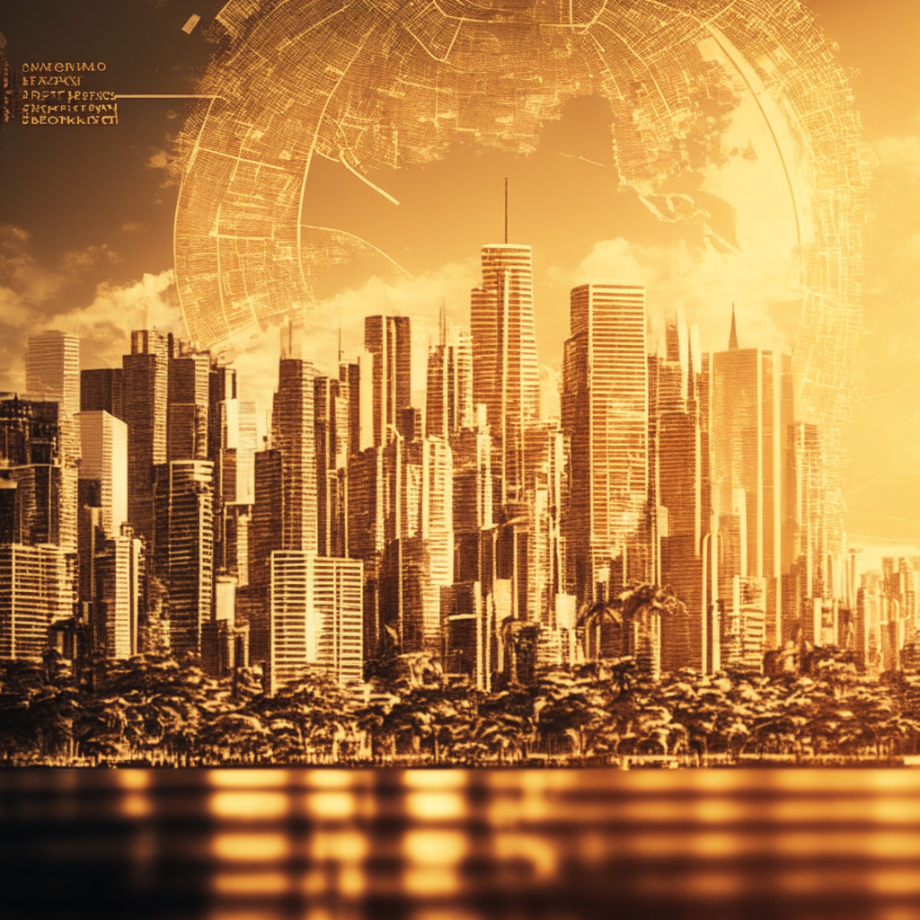 Intricate cityscape showcasing Australia's fintech hub, Bermuda, Mauritius, and Nigeria skylines in the background, sepia-tone atmosphere, subtle sunlight rays highlighting contrast, dynamic blockchain and crypto icons hovering, an aura of urgency and competition, policymakers and academics collaborating, focus on regulatory framework and education.