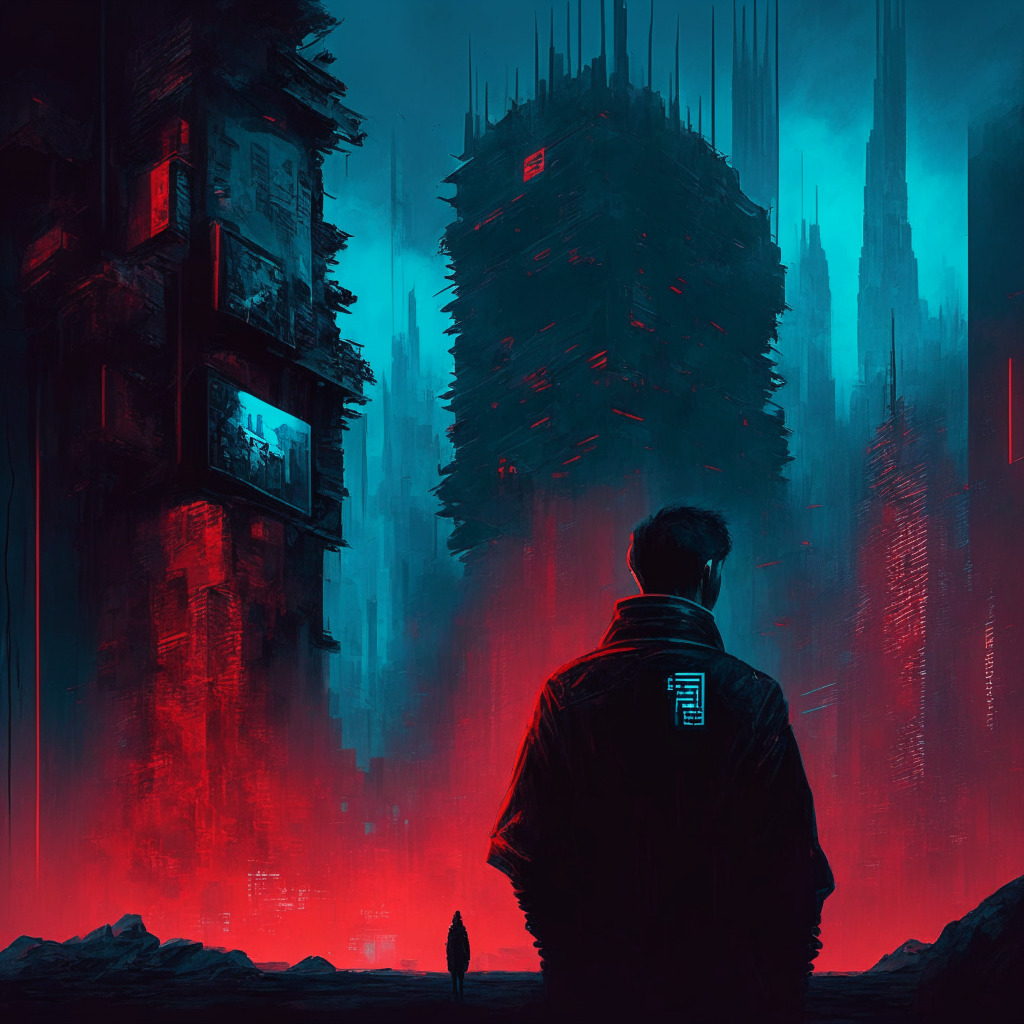 Intricate dystopian cityscape, Chinese-inspired architecture, Australian human rights activist nervously looking over shoulder, shadowy figure in background, cyberpunk atmosphere, dimly-lit setting, hues of blue and red, oppressive air, mixed emotions of fear and defiance, unidentifiable cryptocurrency symbols hovering above. (347 characters)