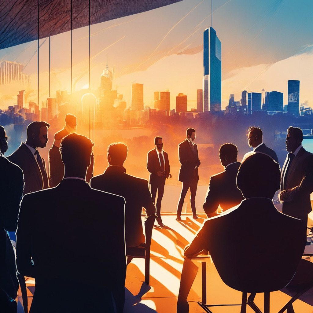 Australian crypto restrictions debate, evening light casting long shadows, representatives from Blockchain Australia, Cuscal & Zepto, roundtable discussion, concerned expressions, futuristic cityscape in the background, diverse group, soft pastel colors, somber mood, air of uncertainty.