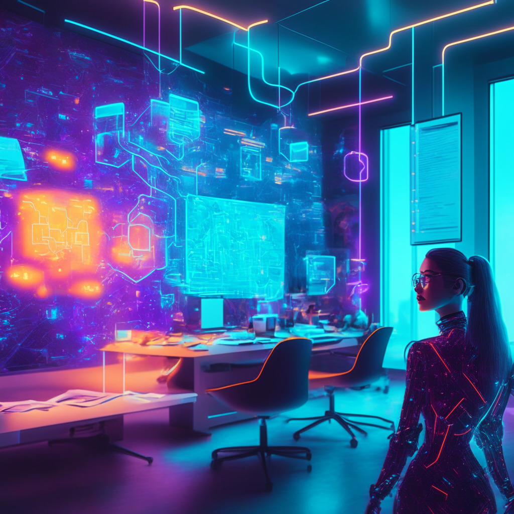 Ava Labs AI integration, futuristic blockchain office setting, holographic assistants, user asking for support, AvaGPT providing response, intricate data streams, dynamic lighting contrasts, warm & cool colors, technological aura, blend of excitement and caution, vibrant and bustling atmosphere.