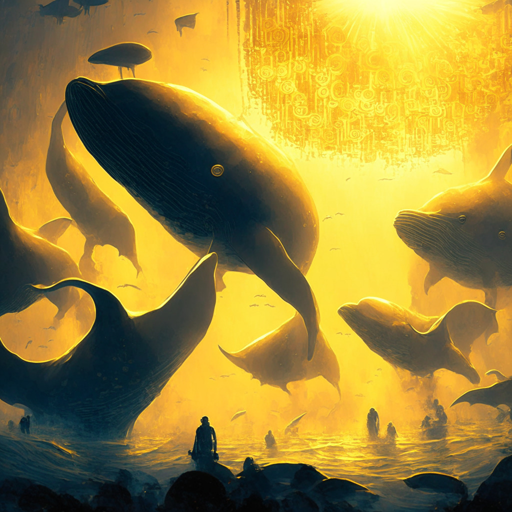 Mysterious Bitcoin whales reawakening, early 2010 mined BTC, technological pioneering, crypto anarchy, shadowy figures signaling each other, vibrant market scene, warm golden light, air of intrigue, hint of secrecy, swirling predictions, ethereal abstract digital art, mood of curiosity & anticipation, revitalized investor interest, appreciation in value.