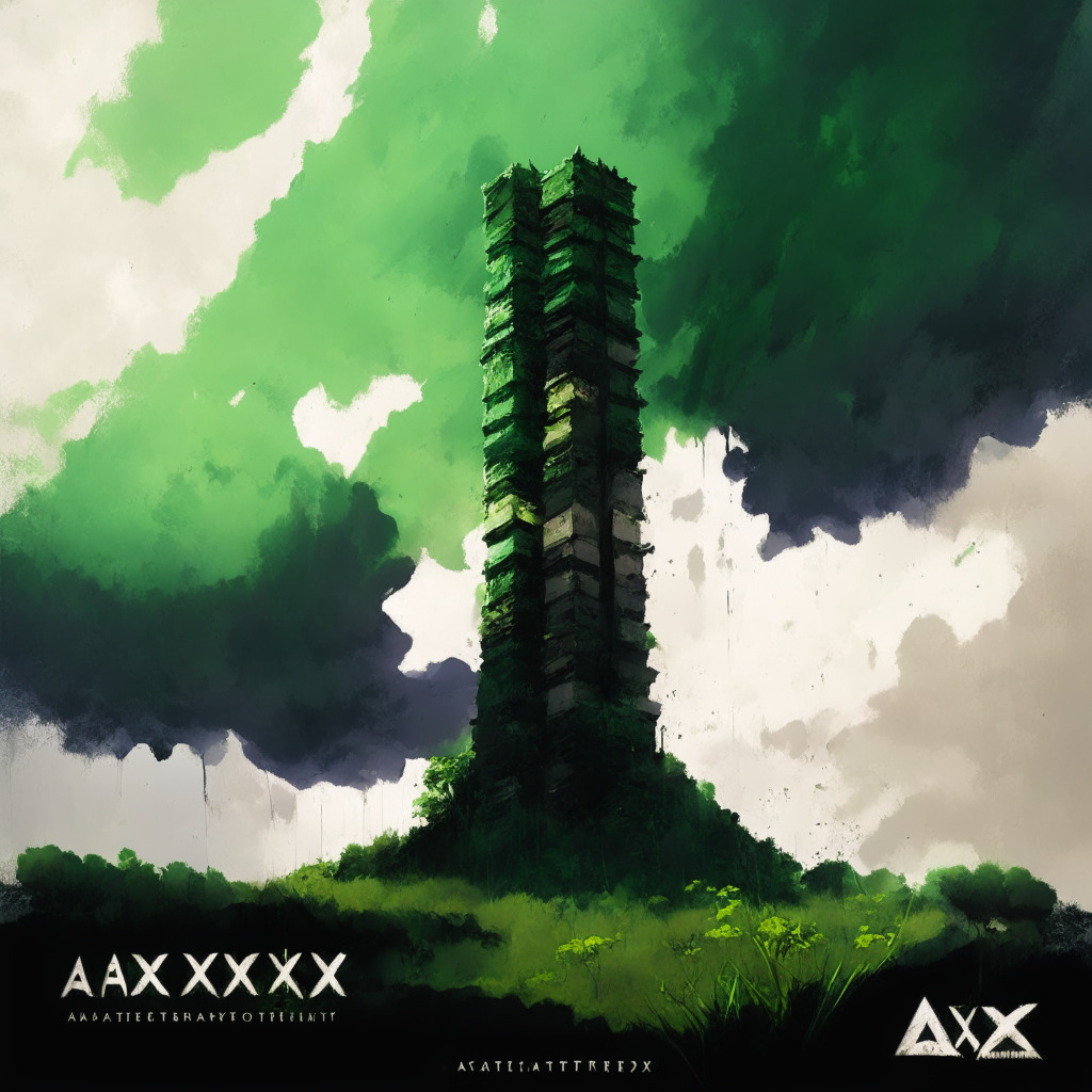 Crumbling Axie Infinity tower, flourishing green landscape with Ecoterra logo, dark storm clouds above AXS, radiant sun emerging above Ecoterra, contrasting moods: despair vs triumph, color palette: dark, muted tones for AXS & vibrant, earthy for Ecoterra, dynamic evening light, impressionist style.