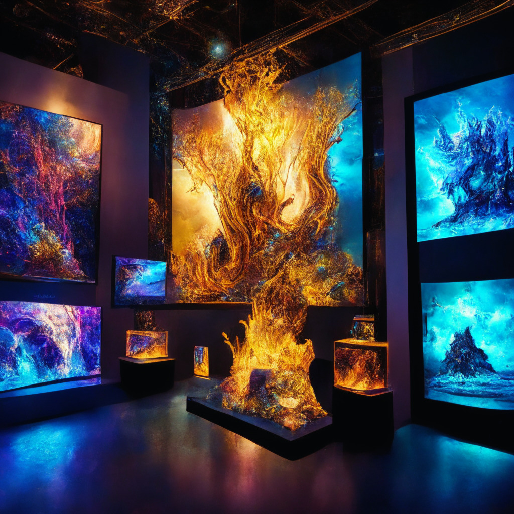 Intricate elemental NFT display, earth, fire, lightning, water, vibrant colors, ethereal glow, Dutch auction backdrop, dynamic fluctuating prices, excited collectors and enthusiasts, Las Vegas event scene, blend of classic art and futuristic vision, majestic yet mysterious mood, encapsulating the power of NFTs in digital asset world.