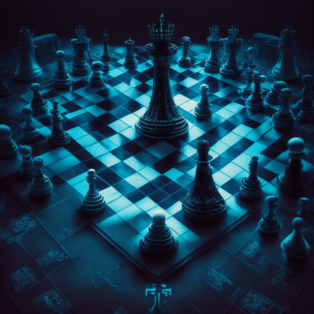 Intricate financial chessboard, crypto and traditional banks, dramatic lighting, tension-filled atmosphere, contrasting colors of innovation and regulation, uncertain future, delicate balance, adaptive mindset, futuristic merger, no brand or logos.