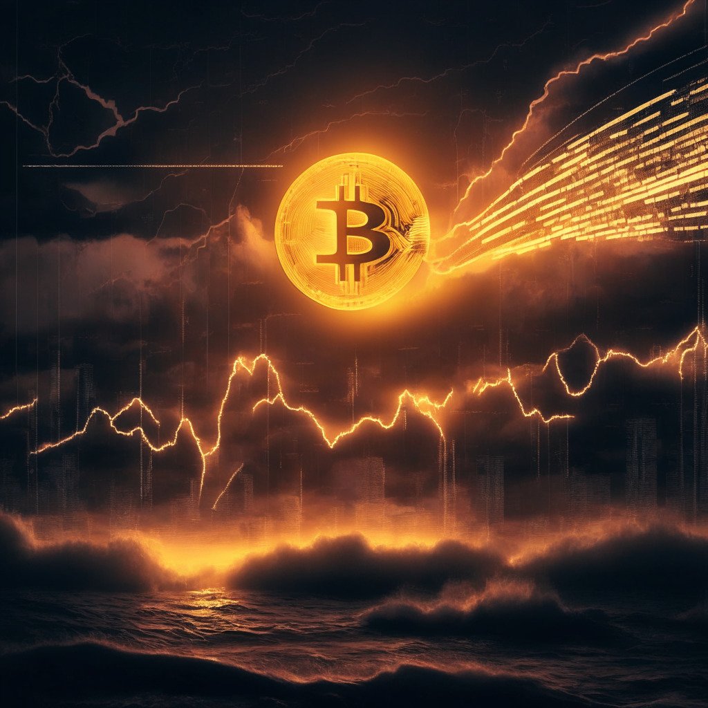 A soaring, shimmering digital coin depicted in intense neoclassical style, emblazoned with the BCH symbol, ascending amidst an irregular matrix of lines, bar graphs, and charts, lit in the moody glow of a stormy sunset. The scene evokes intrigue, anticipation, and an undercurrent of risk, as silhouettes of traders and opportunists watch in awe and apprehension, their faces cast in the stark shadows of uncertainty.
