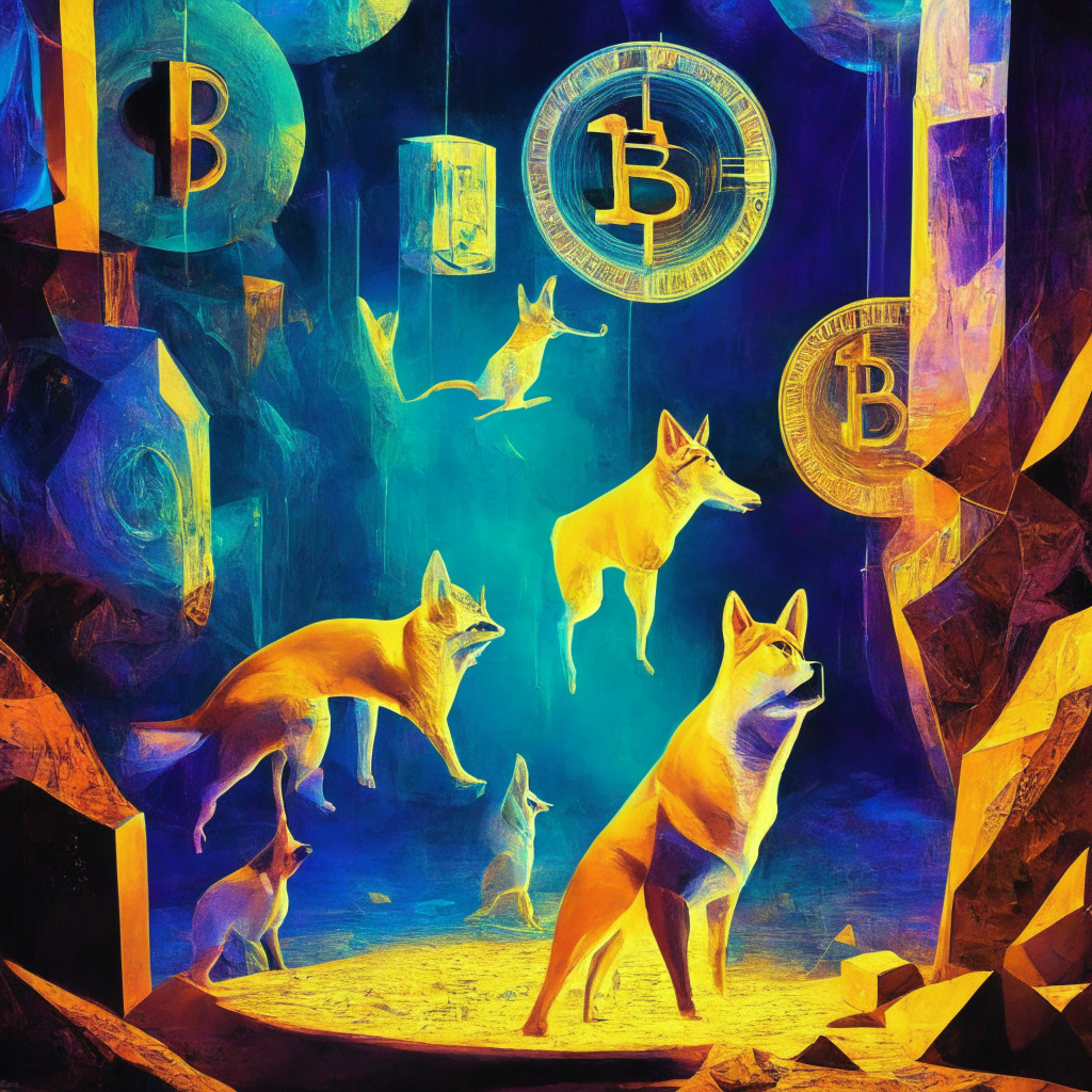 Crypto miner shift, Ethereum to Dogecoin & Litecoin, blockchain transition, vibrant color palette, chiaroscuro lighting, Dali-esque shapes, mood of uncertainty, soaring hashrates, mining pool at center stage, strategic decisions, juxtaposition of crypto coins, tension in the air, embracing change.