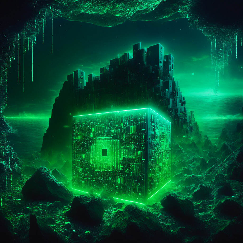 Atmospheric blockchain mine, chiaroscuro lighting, oceans of servers, shimmering green hues, contrast of rewards & sustainability concerns, surrealistic vibe, hopeful yet cautious mood, visible energy consumption, potential regulatory shadows.