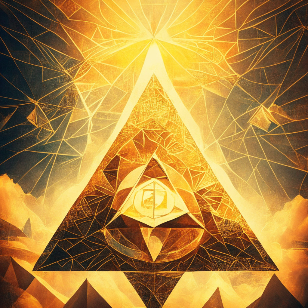 Triangular pattern formation with BNB coin within an ascending triangle, warm sunlight illuminating the scene, crypto market sentiment shifting from bearish to bullish, intricate Art Nouveau style, hopeful and tense atmosphere, potential upswing breaking neckline resistance, risks and uncertainties in the market.