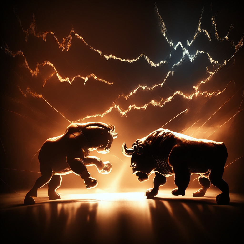 Dramatic bull and bear tug-of-war battle, warm light illuminating the BNB coin, contrasting shadows in background, bold chiaroscuro highlights, trading chart with rising and falling trends, moody atmosphere of uncertainty, sense of resilience and hope, crucial support at $220, pivotal $250 resistance point, no brand logos.