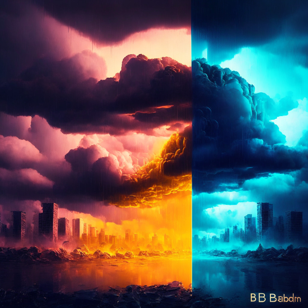 Cryptocurrency tension, BNB vs yPredict, contrasting colors, regulatory uncertainty as storm clouds, AI-powered trading as sunrise, financial scale balancing risks, vibrant modern-art style, moody chiaroscuro lighting, triumphant atmosphere, cyberspace backdrop, futuristic feel (350 characters)