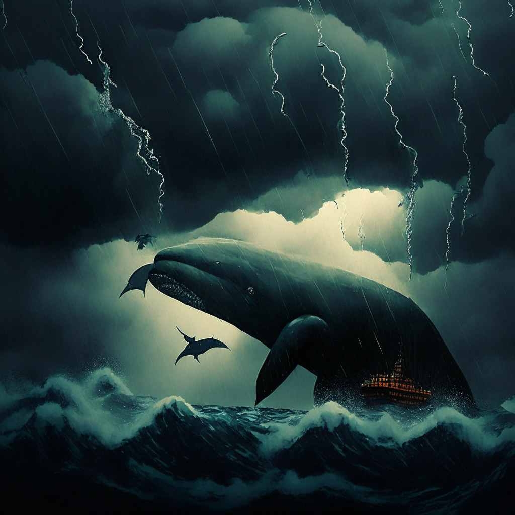 A dark stormy financial sky, SEC targeting Binance, large whale figures looming, BNB token in struggle, an aura of uncertainty, contrasting hopeful light on Wall Street Memes token, warmer tones, art style representing mixed emotions, mysterious mood, intricate details signifying risks and potential gains.