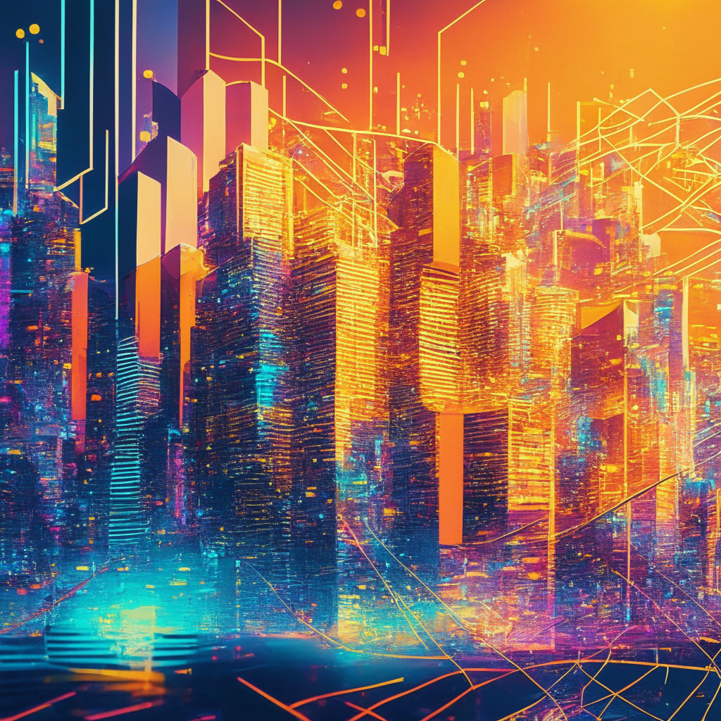 Intricate cityscape of Hong Kong embracing blockchain technology, futuristic investment bank scene, vibrant neon-lit buildings, energetic mood, diverse investors collaborating, soft golden hour sunlight, sharp Cubist elements, transparent holographic displays, Ethereum network visualized in abstract waves, sense of progress and innovation, artistic touch of optimism with a hint of caution.