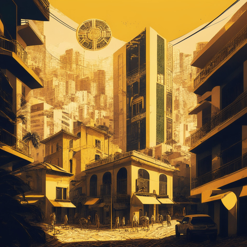 Intricate urban landscape, Brazilian and Argentine elements, golden-hued stablecoin, a split contrast between wealthy and impoverished communities, Art Deco style, warm and cool lighting, a mood of cautious optimism vs skepticism, hint of blockchain education, potential for change, financial inclusion tension.