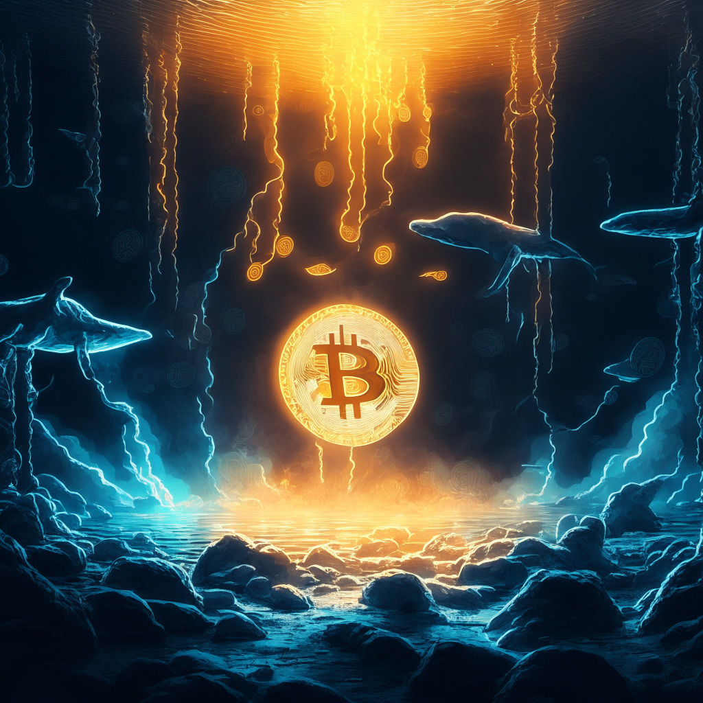 Intricate cryptocurrency scene, mystical glowing aura, contrasting light and shadows, suspenseful mood, bitcoin hovering near $27,000, hint of breakout, calm before storm, optimistic traders, 200-week moving average, bitcoin whales accumulating, anticipation of volatility surge, no specific brand or logo.