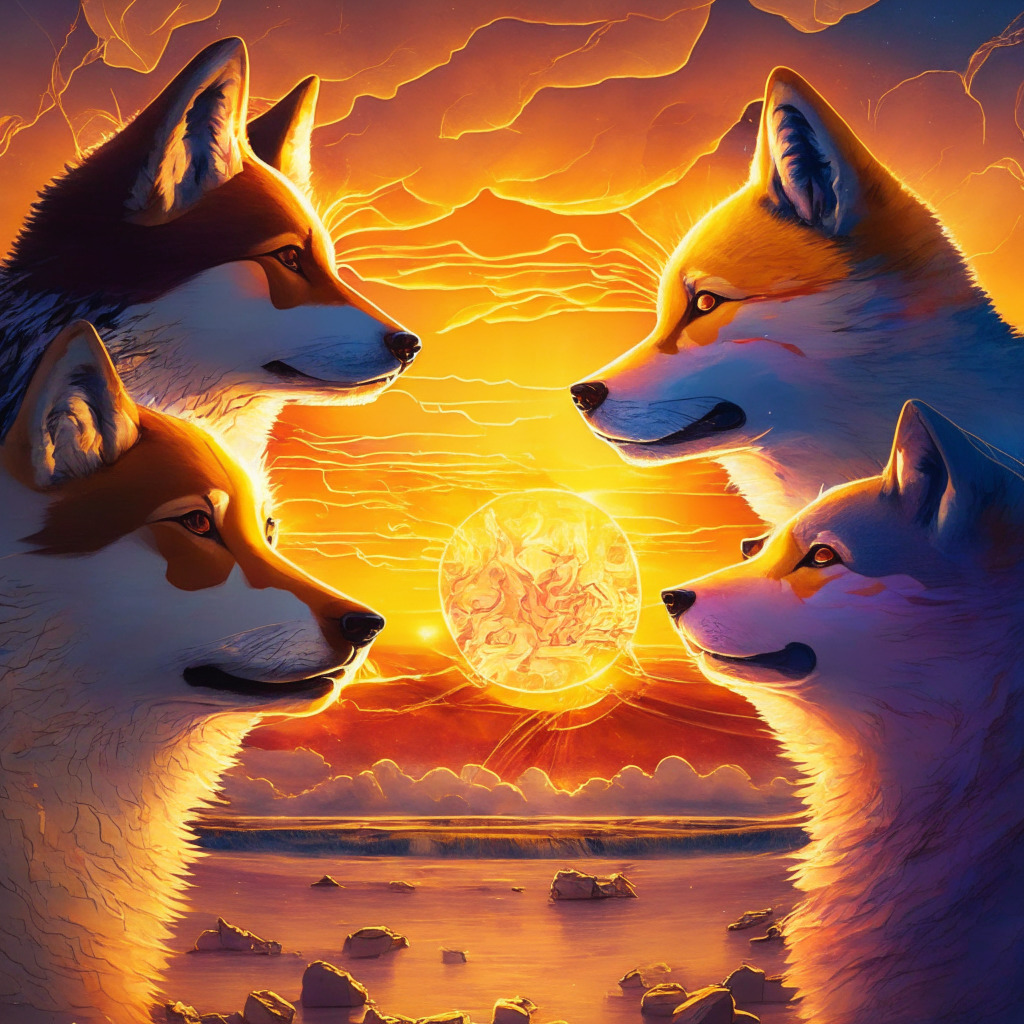 Ethereal memecoin face-off, warm glowing sunset, BabyDogeSwap vs ShibaSwap, dynamic decentralized exchanges, optimistic mood, vibrant artistic strokes, swirling tokens, NFTs gleaming, crowning financial innovation, the dawn of a new crypto era, risks intertwined.